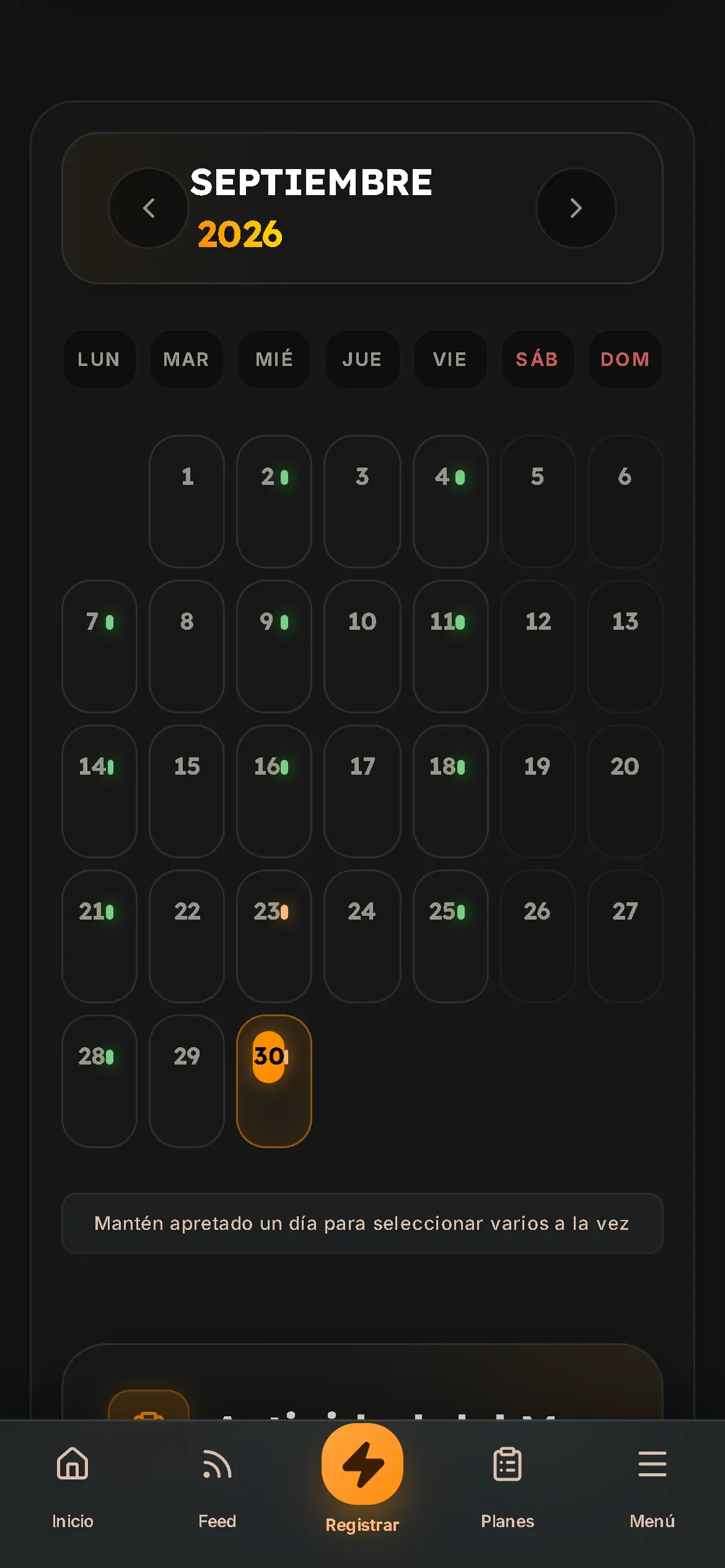 Calendario de septiembre con un punto en cada día que se entrenó y el día de hoy marcado.